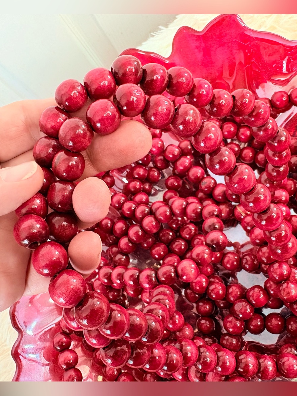 Vintage 90s Red Wooden Cranberry Bead Christmas Garland~Set of Two.